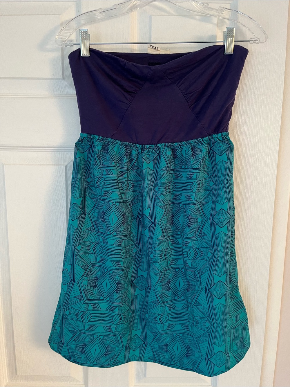 Roxy Strapless Teal Patterned mini dress with Navy tube top style Bodice large